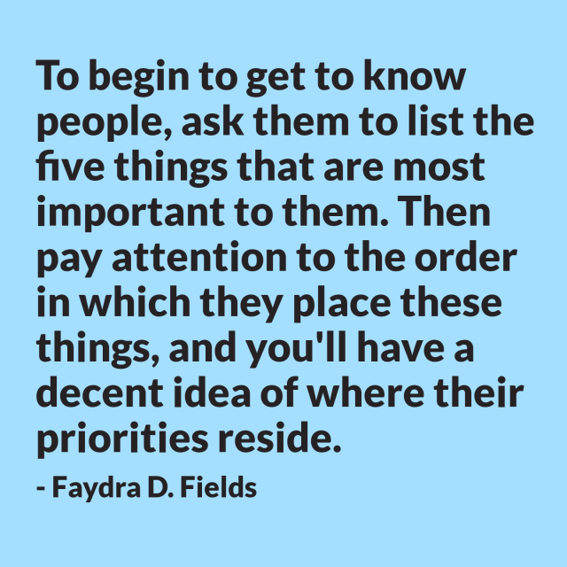 Maximum Axioms for Mental Acuity: To begin to get to know people, ask them to list the five things that are most important to them. Then pay attention to the order in which they place these things, and you'll have a decent idea of where their priorities reside. -Faydra D. Fields